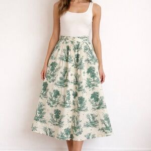 Cara Cara Cream and Green Toile Midi Skirt
